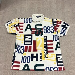 Vintage Nautica Polo Shirt Mens XL White 90s All Over Print Spell Out